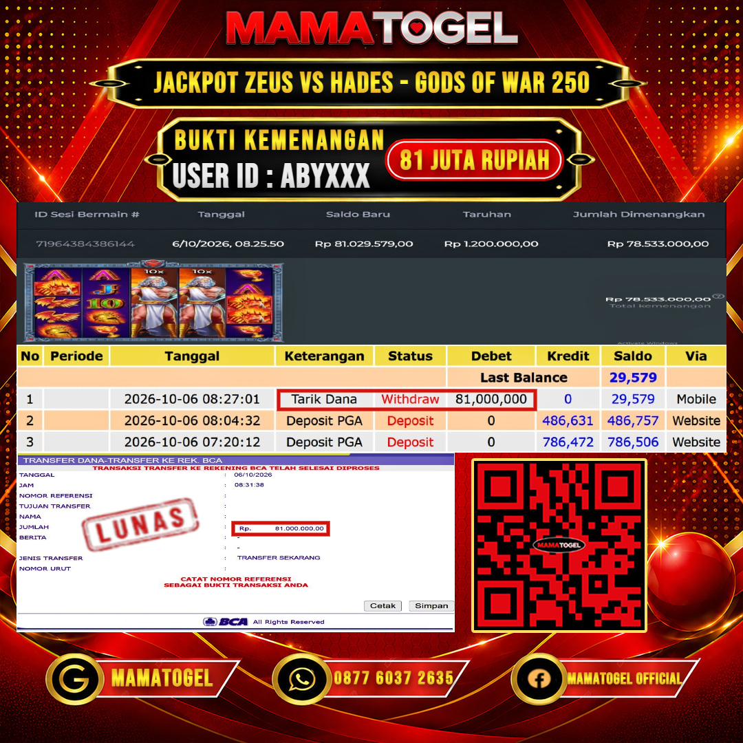 MAMATOGEL JACKPOT SLOT ZEUS VS HADES - GODS OF WAR 250 Rp.81.000.000,- LUNAS USER ID : ABY***