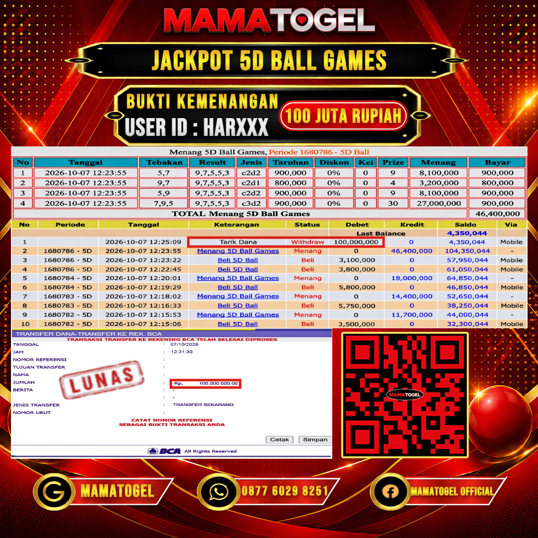 MAMATOGEL JACKPOT LIVE GAME 5D BALL GAMES Rp.100.000.000,- LUNAS USER ID : HAR***