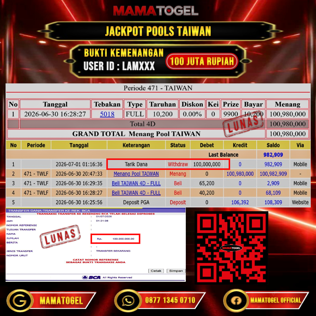 MAMATOGEL  JACKPOT TOGEL TAIWAN Rp.100.000.000,- LUNAS USER ID : LAM***