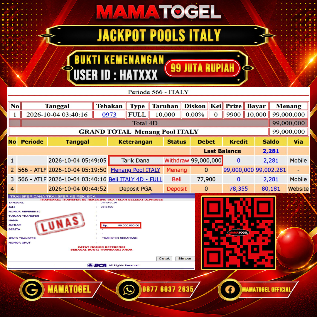 MAMATOGEL JACKPOT TOGEL ITALY Rp.99.000.000,- LUNAS USER ID : HAT***