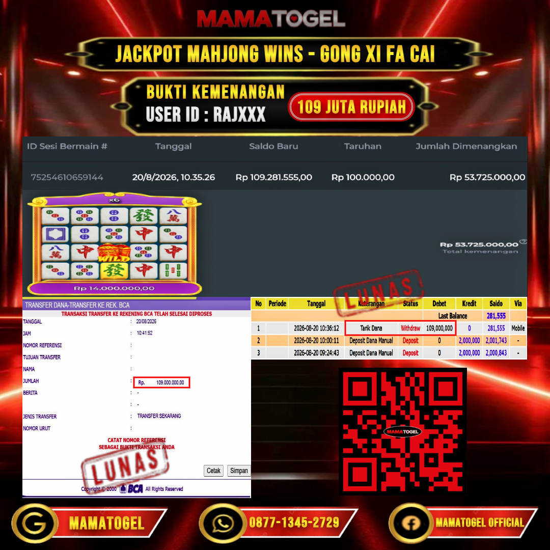 MAMATOGEL  JACKPOT SLOT MAHJONG WINS - GONG XI FA CAI Rp.109.000.000,- LUNAS USER ID : RAJ***