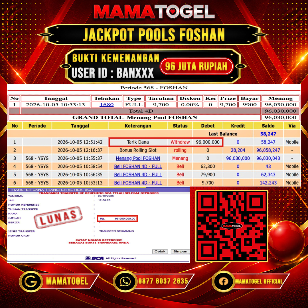 MAMATOGEL JACKPOT TOGEL FOSHAN Rp.96.000.000,- LUNAS USER ID : BAN***