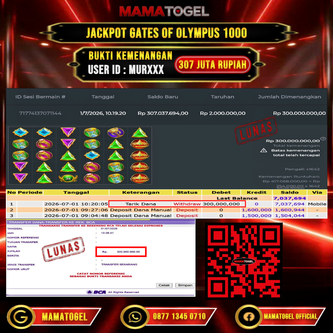 MAMATOGEL  JACKPOT SLOT GATES OF OLYMPUS 1000 Rp.307.000.000,- LUNAS USER ID : MUR***