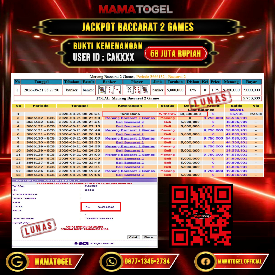 MAMATOGEL  JACKPOT LIVE GAME BACCARAT 2 GAMES Rp.58.000.000,- LUNAS USER ID : CAK***