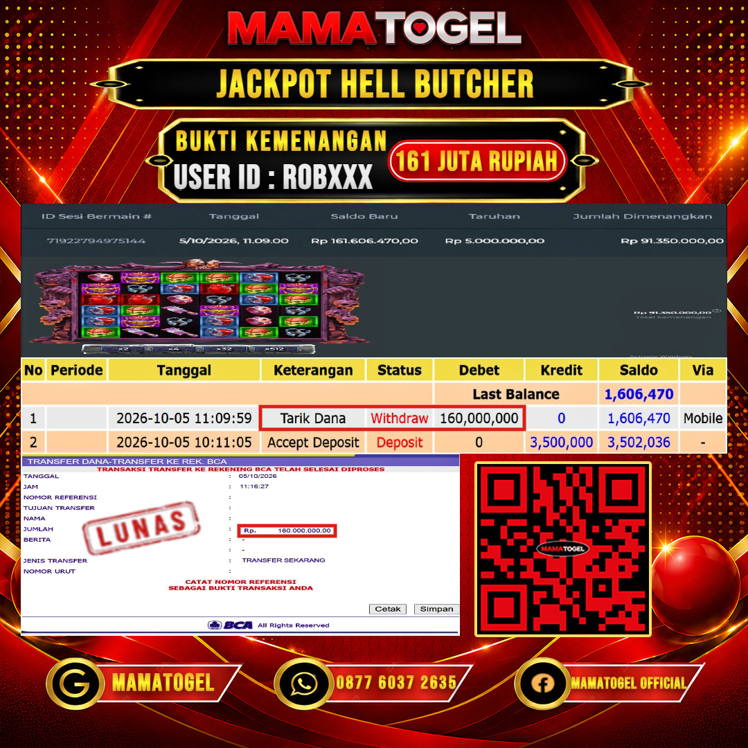 MAMATOGEL JACKPOT SLOT HELL BUTCHER Rp.161.000.000,- LUNAS USER ID : ROB***