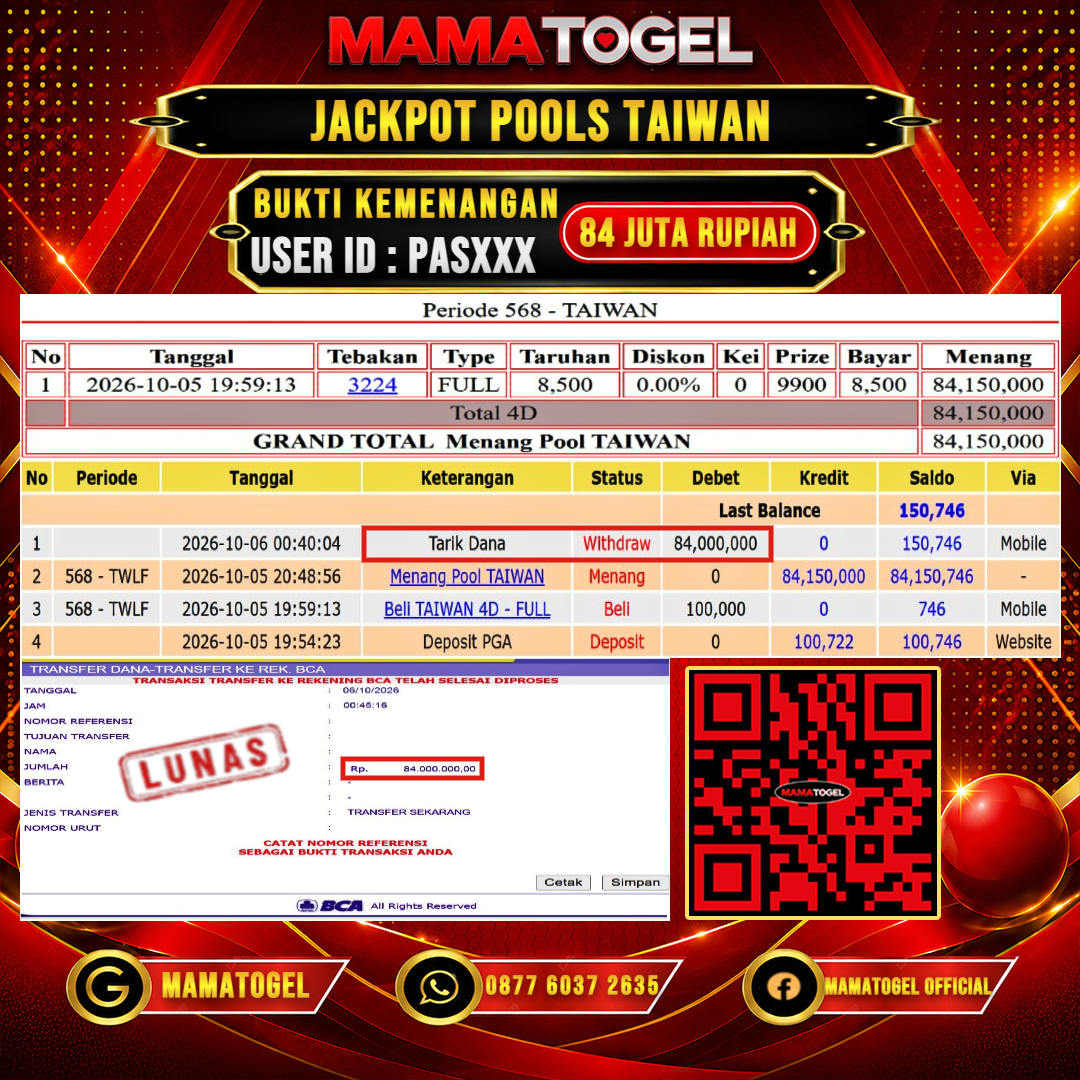 MAMATOGEL JACKPOT TOGEL TAIWAN Rp.84.000.000,- LUNAS USER ID : PAS***