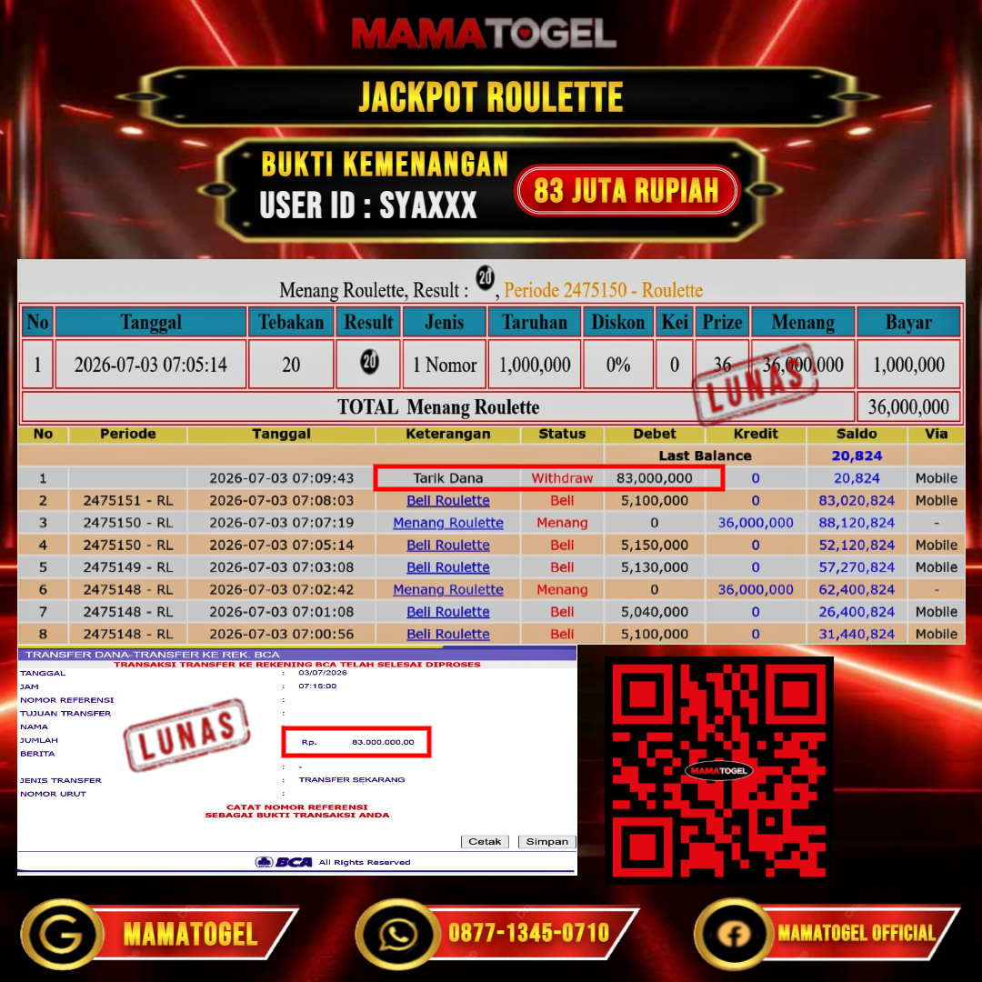 MAMATOGEL JACKPOT LIVE GAME ROULETTE Rp.83.000.000,- LUNAS USER ID : SYA***