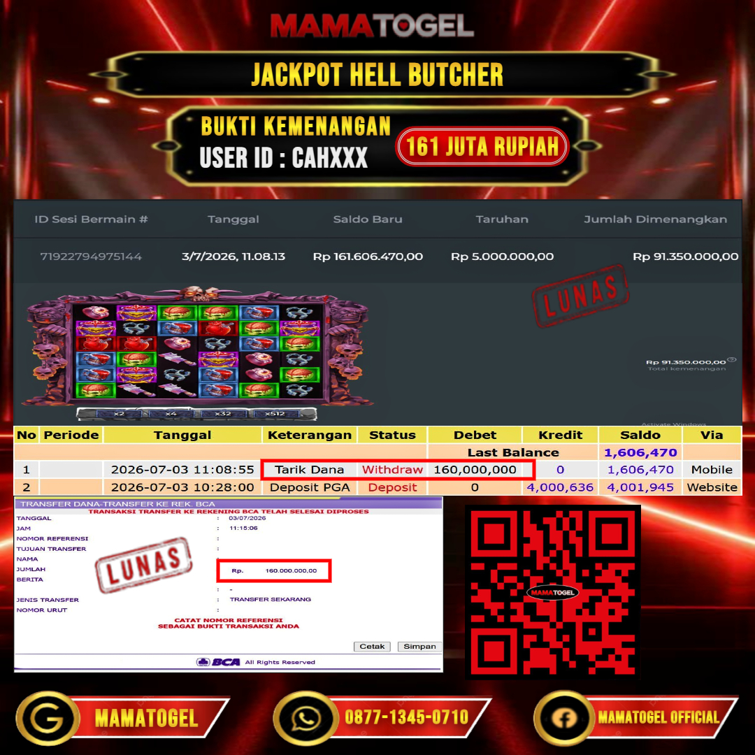 MAMATOGEL JACKPOT SLOT HELL BUTCHER Rp.161.000.000,- LUNAS USER ID : CAH***