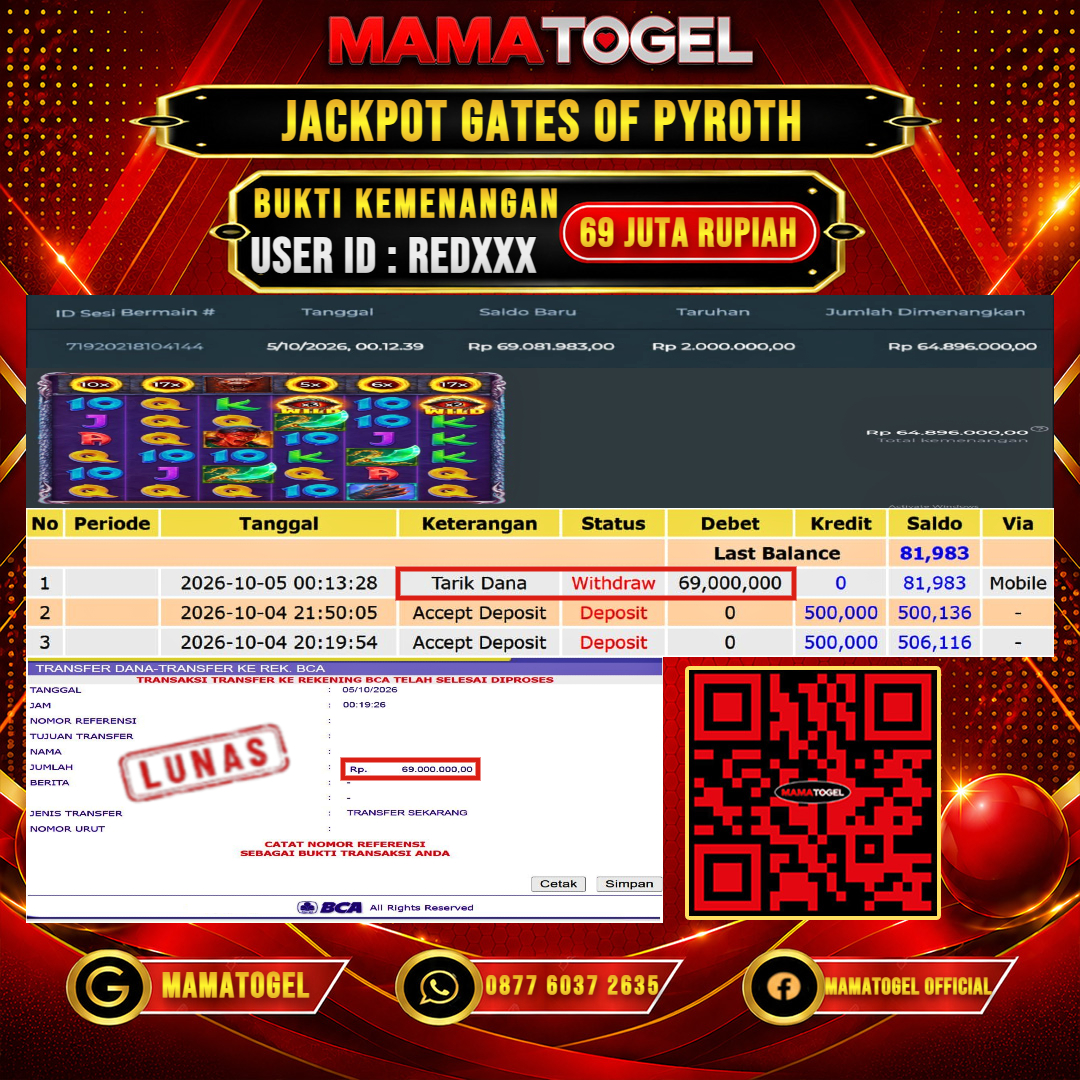 MAMATOGEL JACKPOT SLOT GATES OF PYROTH Rp.69.000.000,- LUNAS USER ID : RED***