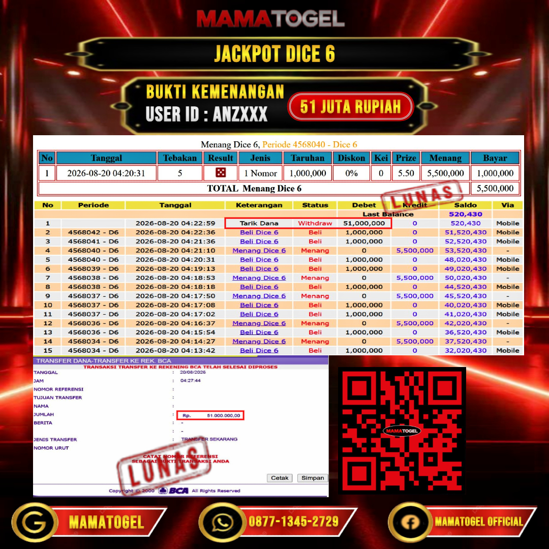 MAMATOGEL  JACKPOT LIVE GAME DICE 6 Rp.51.000.000,- LUNAS USER ID : ANZ***