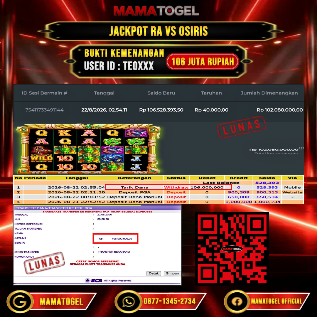 MAMATOGEL  JACKPOT SLOT RA VS OSIRIS Rp.106.000.000,- LUNAS USER ID : TEO***