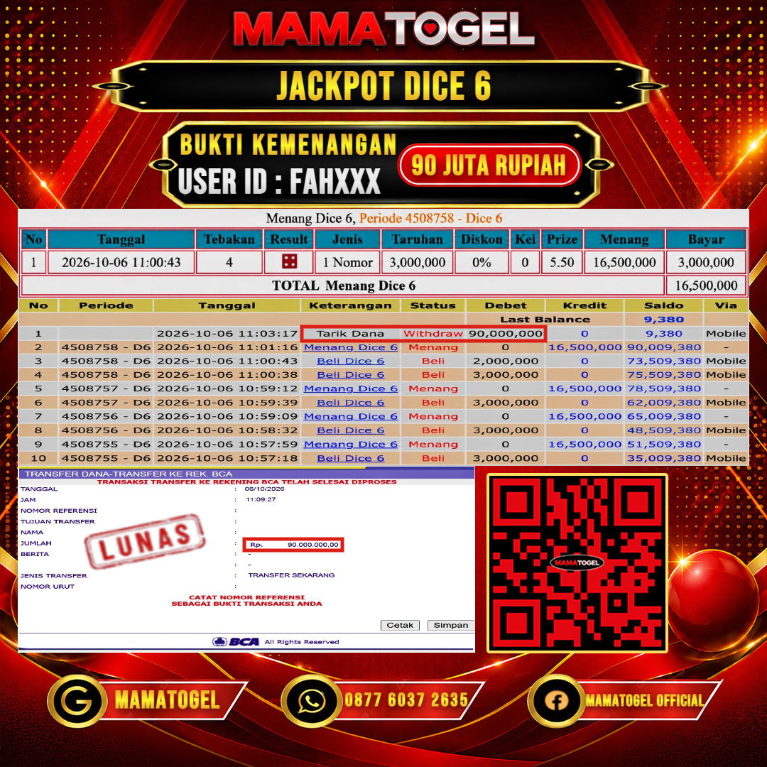 MAMATOGEL JACKPOT LIVE GAME DICE 6 Rp.90.000.000,- LUNAS USER ID : FAH***