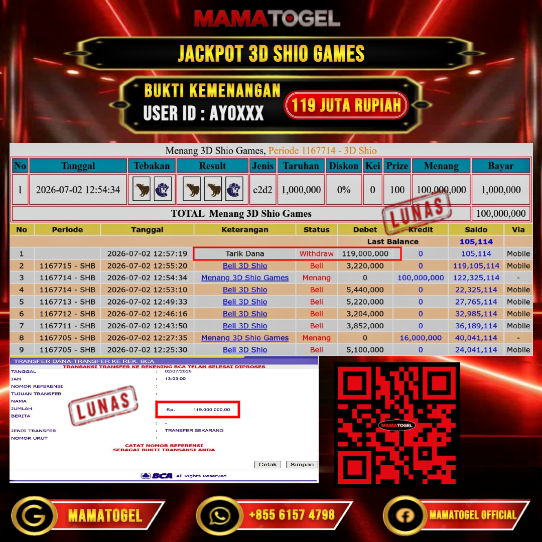 MAMATOGEL JACKPOT LIVE GAME 3D SHIO GAMES Rp.119.000.000,- LUNAS USER ID : AYO***