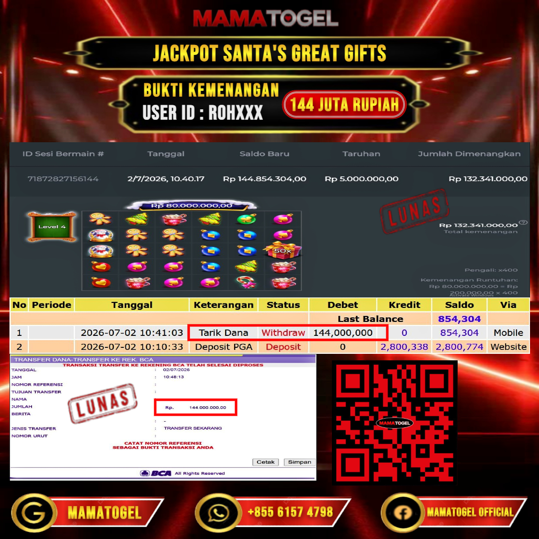 MAMATOGEL JACKPOT SLOT SANTA'S GREAT GIFTS Rp.144.000.000,- LUNAS USER ID : ROH***