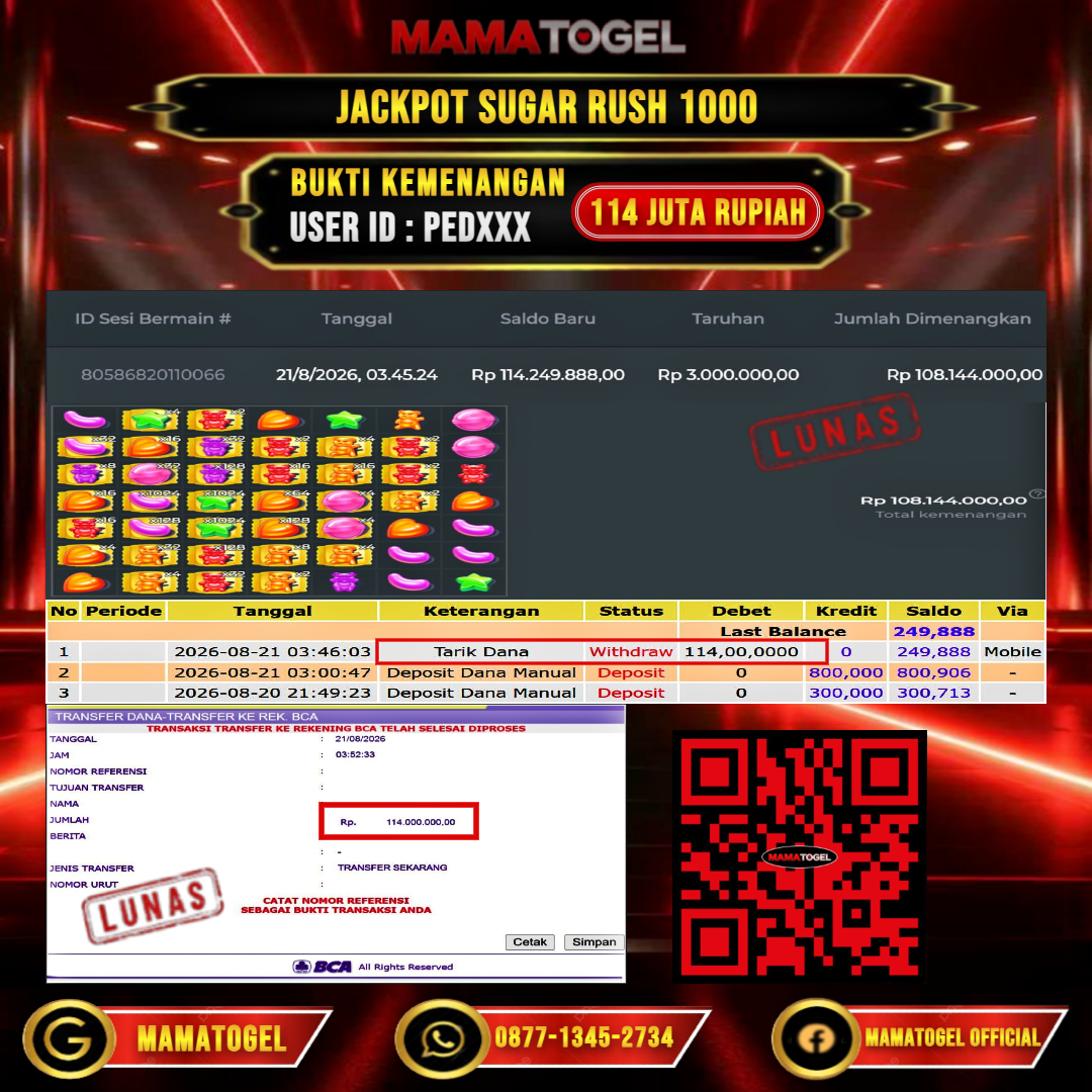 MAMATOGEL JACKPOT SLOT SUGAR RUSH 1000 Rp.114.000.000,- LUNAS USER ID : PED***