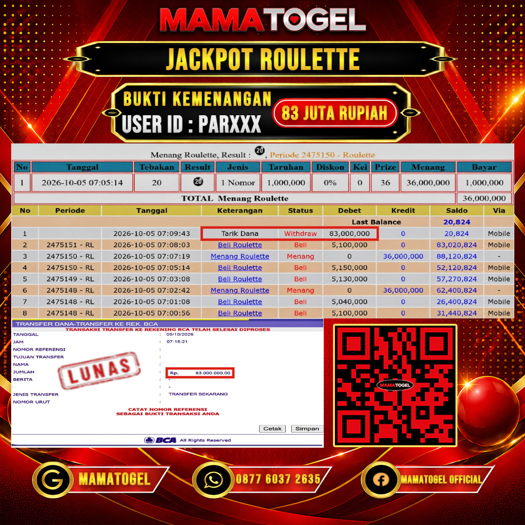 MAMATOGEL JACKPOT LIVE GAME ROULETTE Rp.83.000.000,- LUNAS USER ID : PAR***