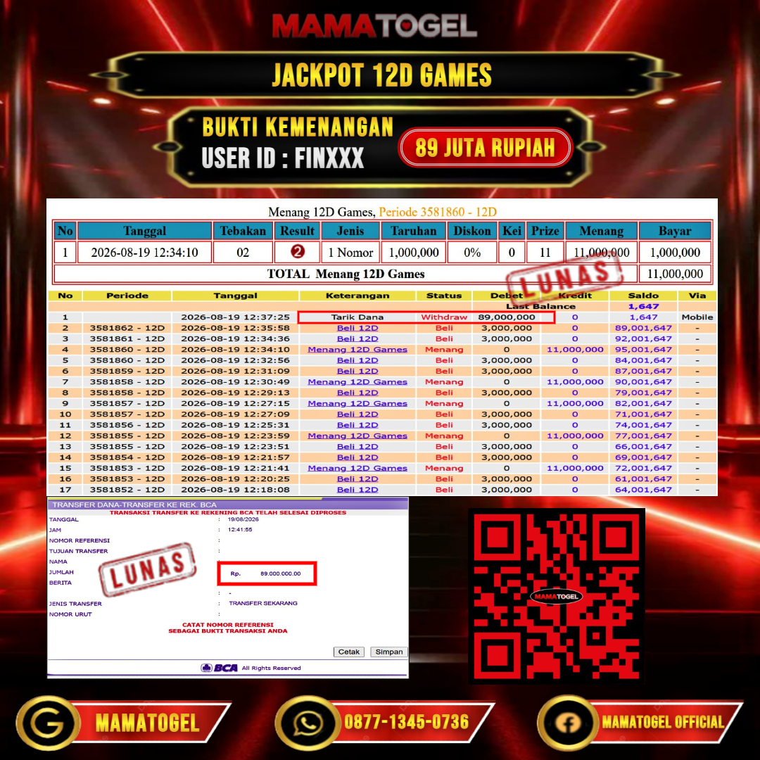 MAMATOGEL  JACKPOT LIVE GAME 12D GAMES Rp. 89.000.000,- LUNAS USER ID : FIN***