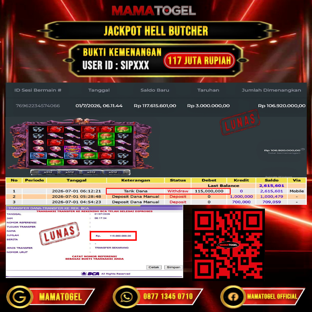 MAMATOGEL  JACKPOT SLOT HELL BUTCHER Rp.117.000.000,- LUNAS USER ID : SIP***