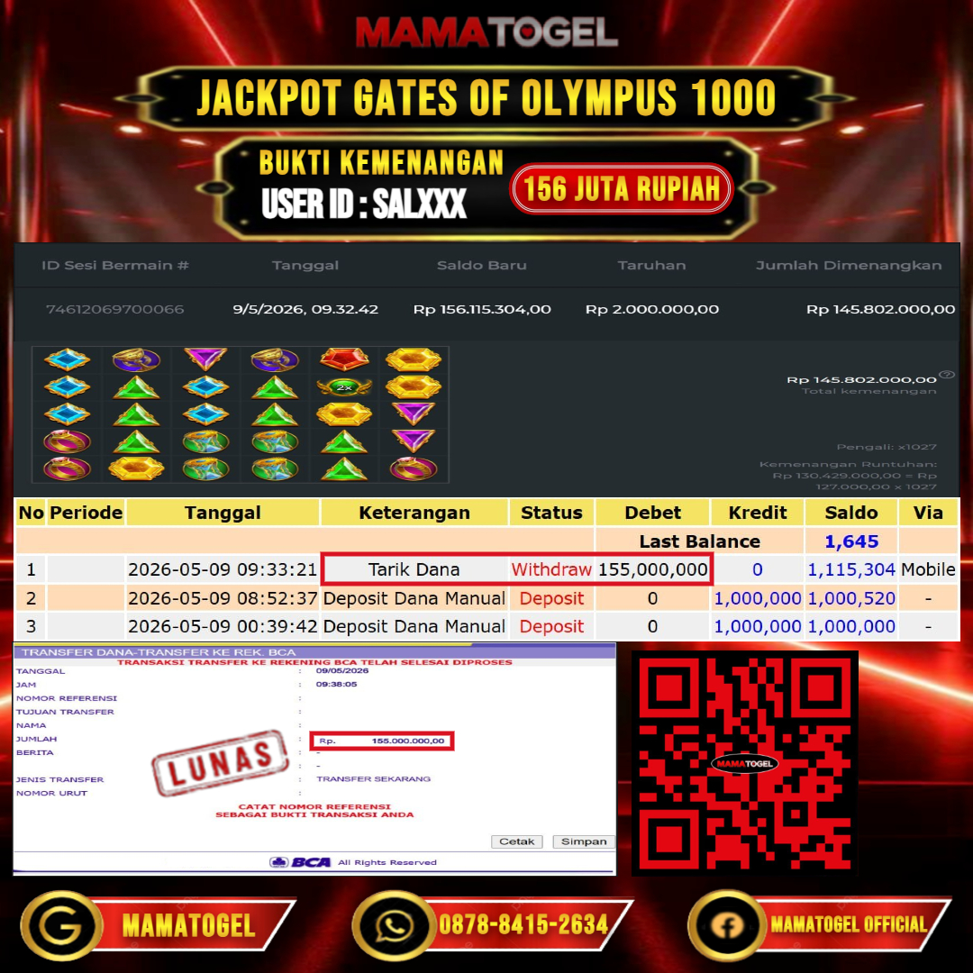 MAMATOGEL JACKPOT SLOT GATES OF OLYMPUS 1000 Rp.156.000.000,- LUNAS USER ID : SAL***