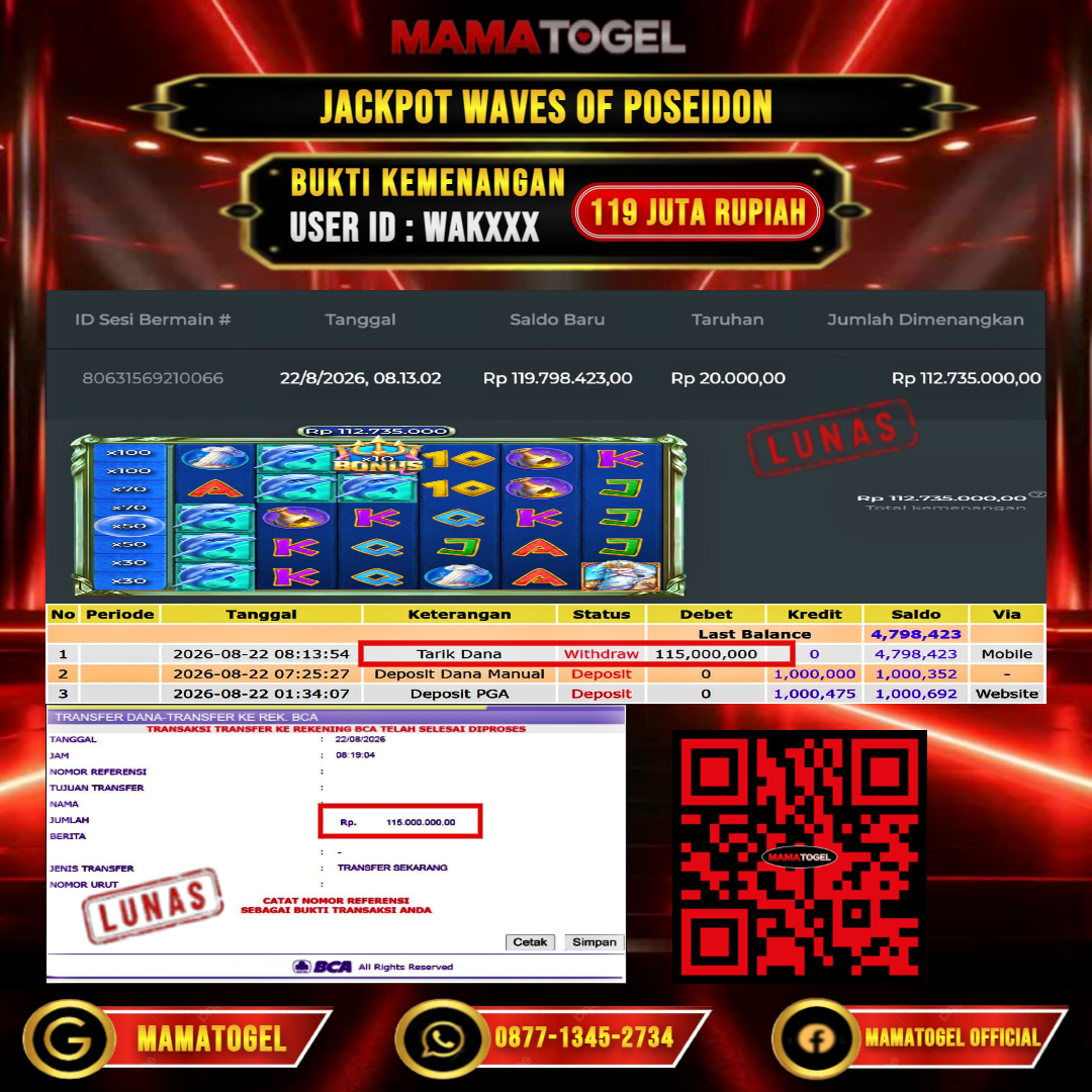 MAMATOGEL  JACKPOT SLOT WAVES OF POSEIDON Rp.119.000.000,- LUNAS USER ID :  WAK***