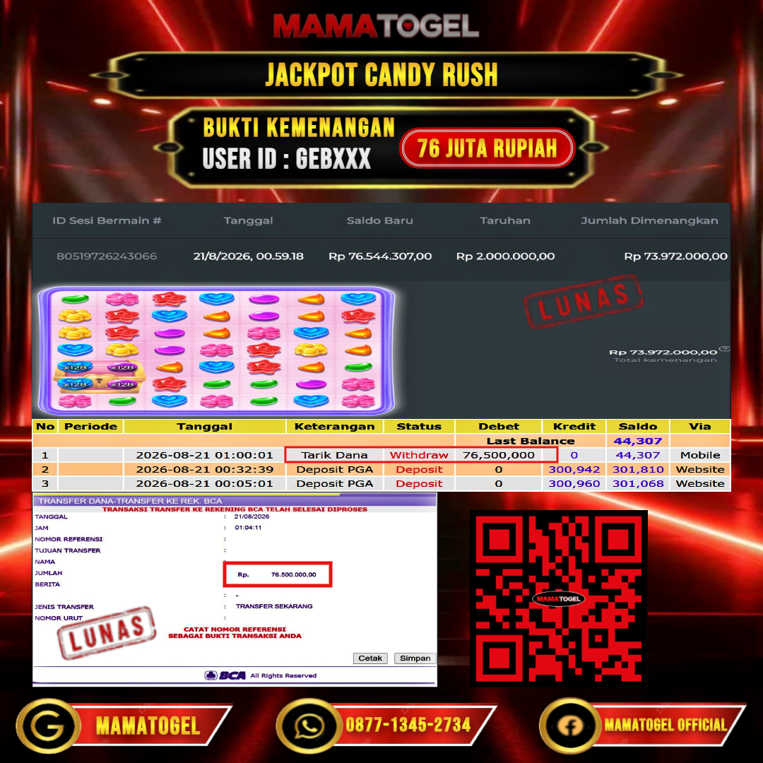 MAMATOGEL  JACKPOT SLOT CANDY RUSH Rp.76.000.000,- LUNAS USER ID : GEB***