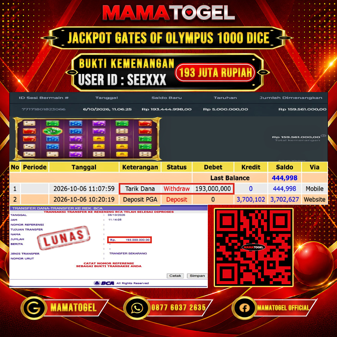 MAMATOGEL JACKPOT SLOT GATES OF OLYMPUS 1000 DICE Rp.193.000.000,- LUNAS USER ID : SEE***