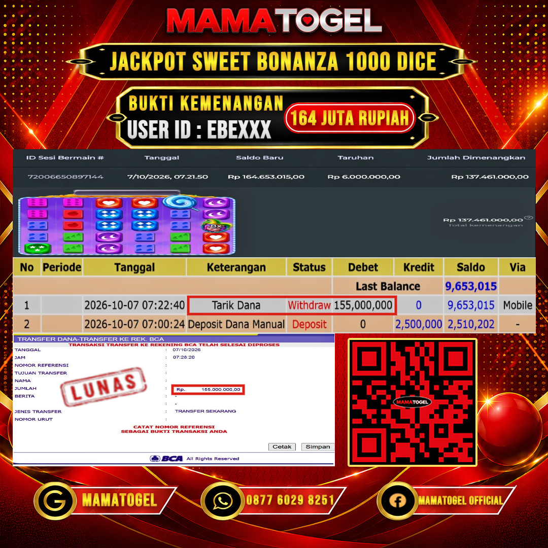MAMATOGEL JACKPOT SLOT SWEET BONANZA 1000 DICE Rp.164.000.000,- LUNAS USER ID : EBE***