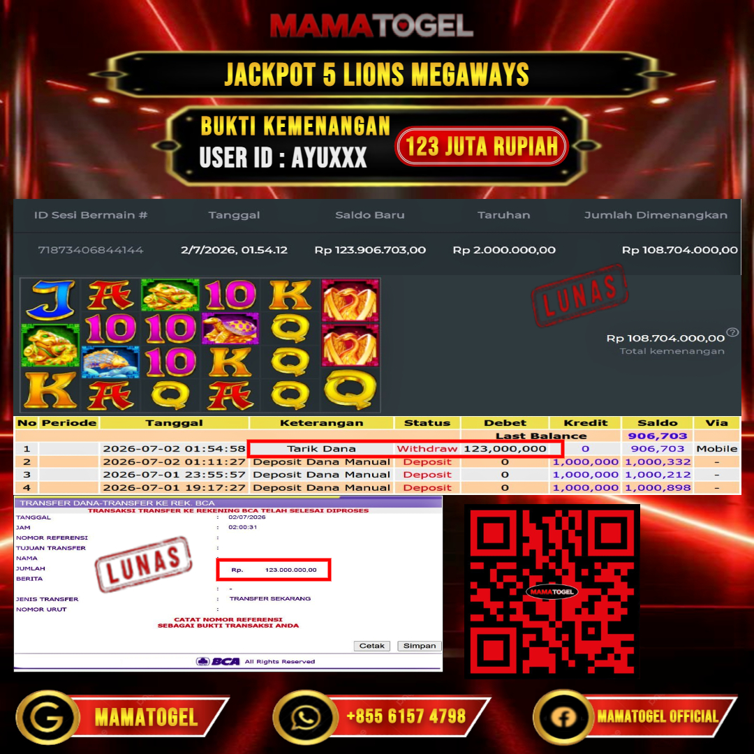 MAMATOGEL JACKPOT SLOT 5 LIONS MEGAWAYS Rp.123.000.000,- LUNAS USER ID : AYU***