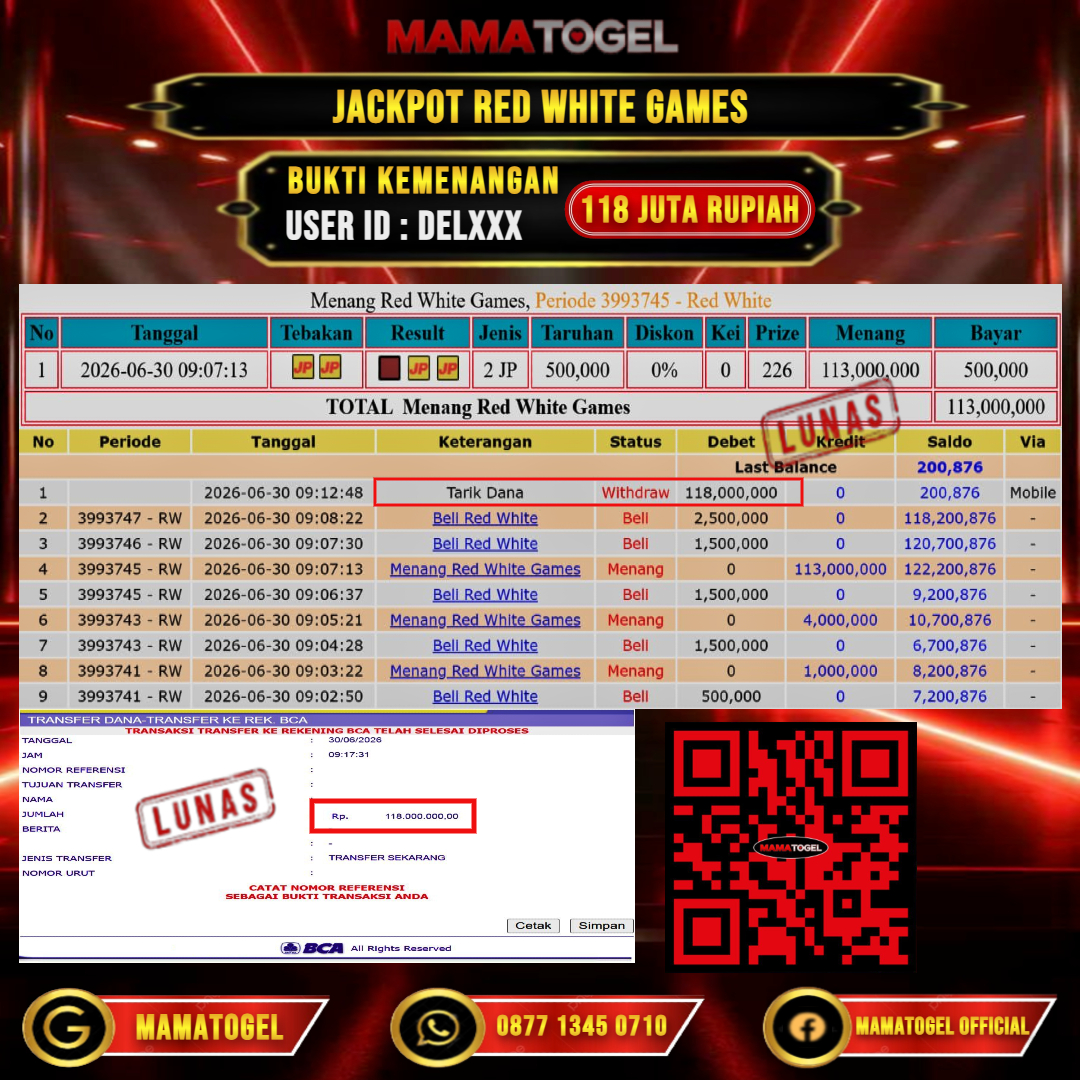 MAMATOGEL  JACKPOT LIVE GAME RED WHITE GAMES Rp.118.000.000,- LUNAS USER ID : DEL***
