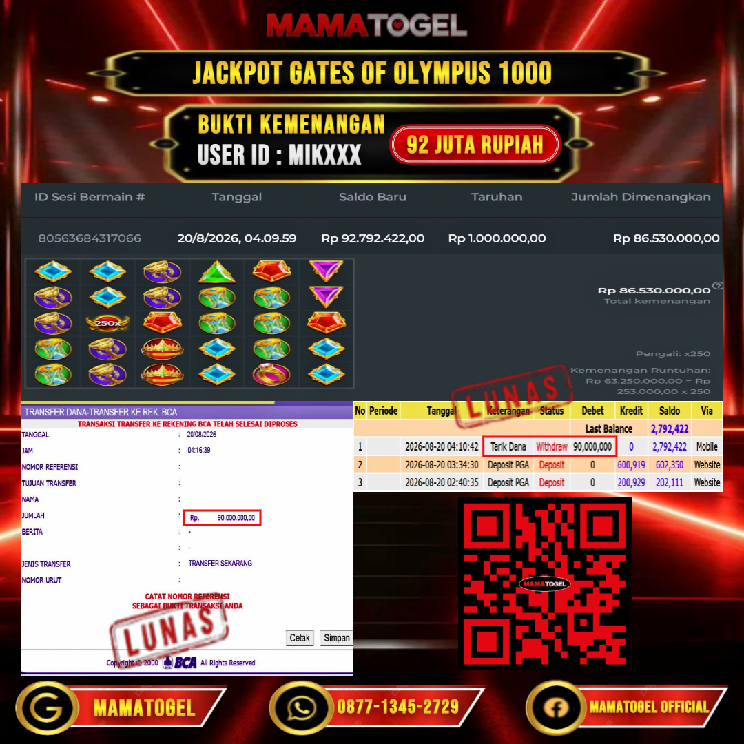 MAMATOGEL  JACKPOT SLOT GATES OF OLYMPUS 1000 Rp.92.000.000,- LUNAS USER ID : MIK***