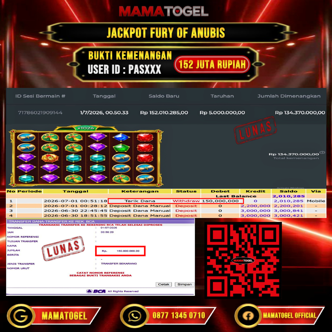 MAMATOGEL  JACKPOT SLOT FURY OF ANUBIS Rp.152.000.000,- LUNAS USER ID : PAS***