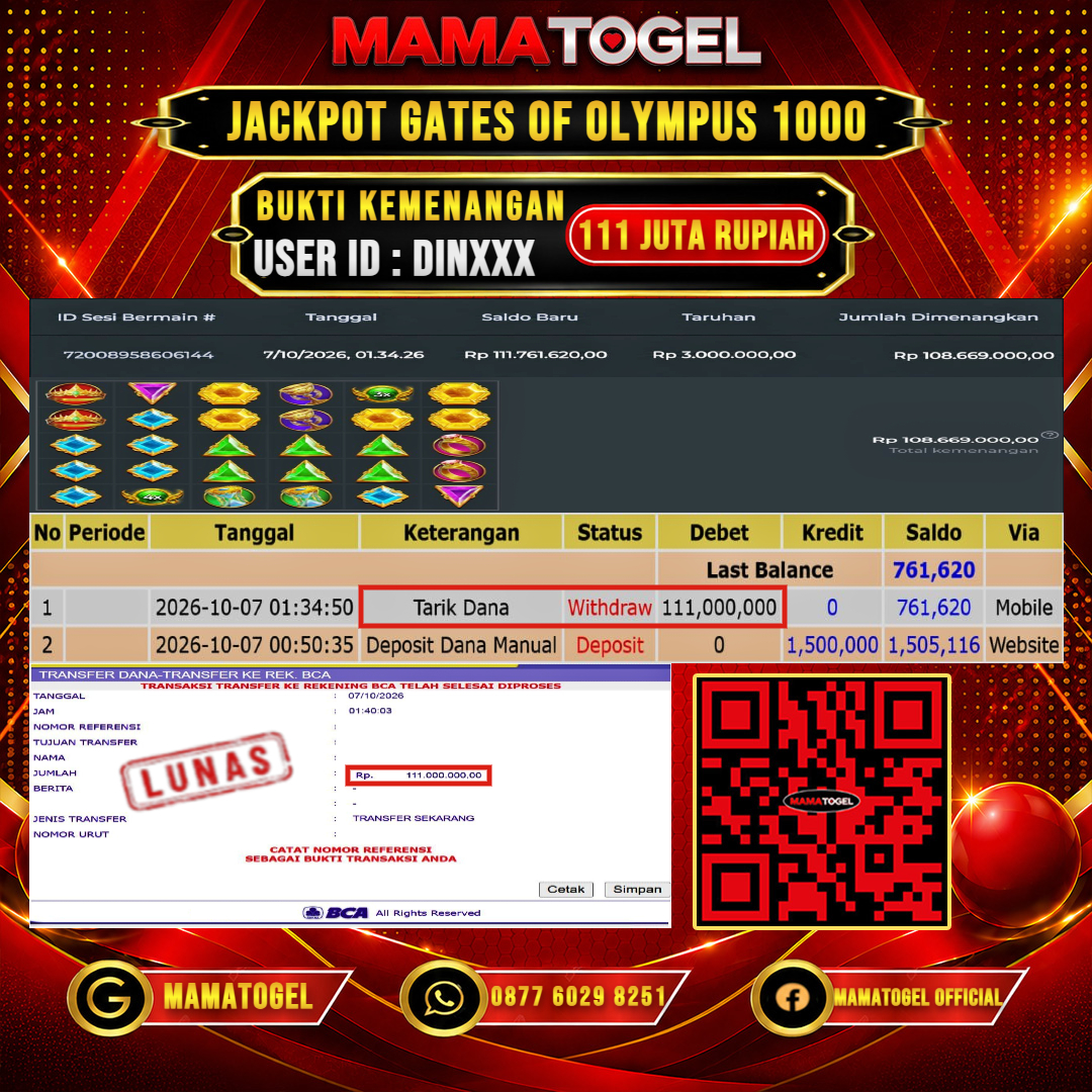 MAMATOGEL JACKPOT SL0T GATES OF OLYMPUS 1000 Rp.111.000.000,- LUNAS USER ID : DIN***