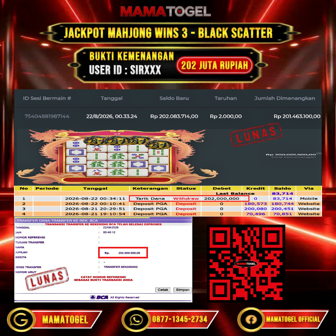 MAMATOGEL  JACKPOT SLOT MAHJONG WINS 3 - BLACK SCATTER Rp.202.000.000,- LUNAS USER ID : SIR***