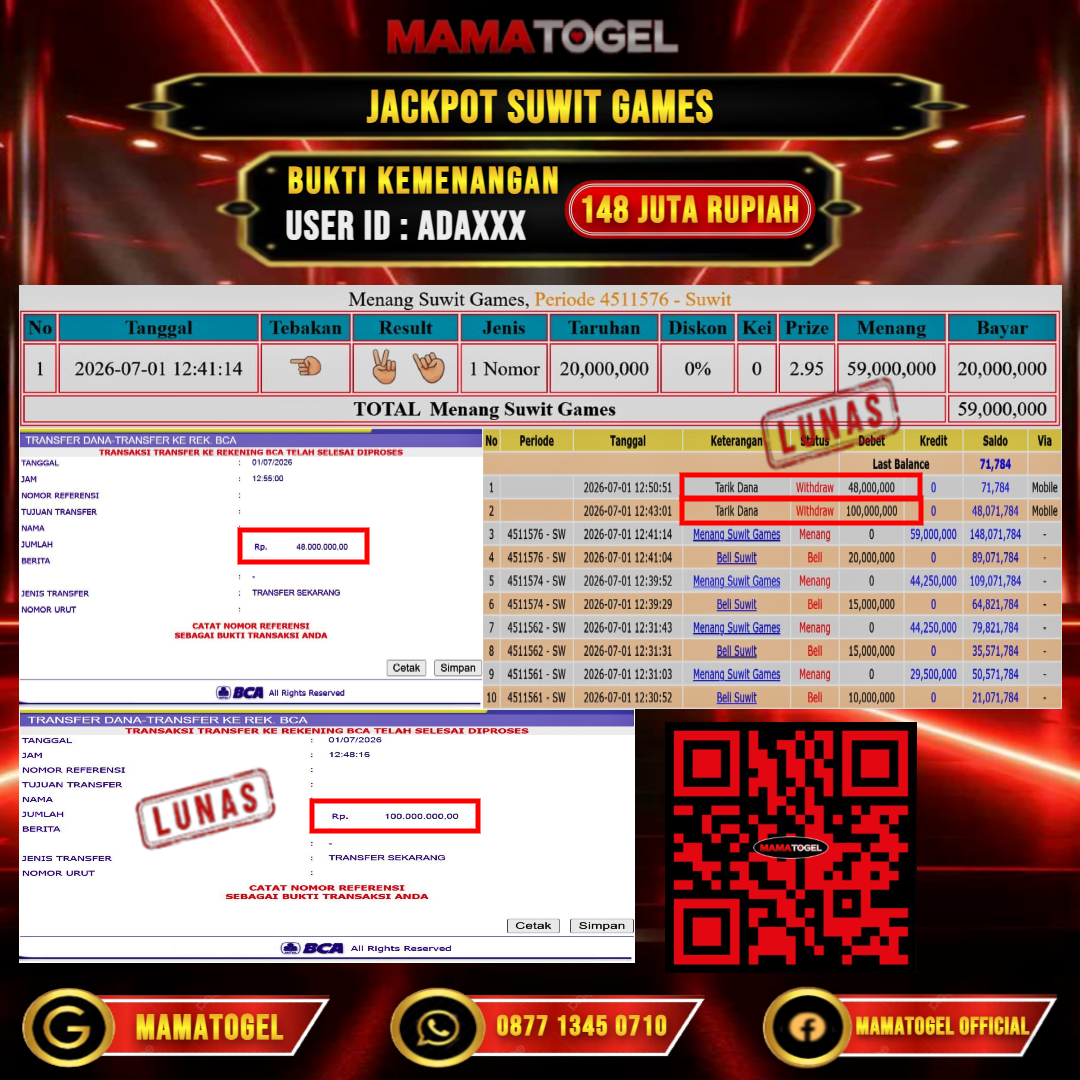 MAMATOGEL  JACKPOT LIVE GAME SUWIT GAMES Rp.148.000.000,- LUNAS USER ID : ADA***
